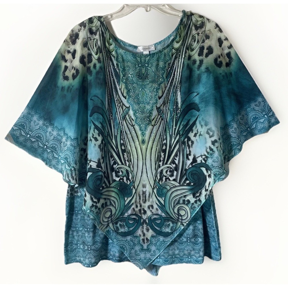 Dressbarn Women Size 1X Teal Blue Flowy Sheer Lined Embellished Blouse